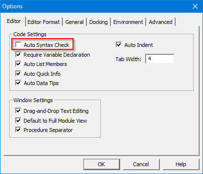 Turn off Auto Syntax Check